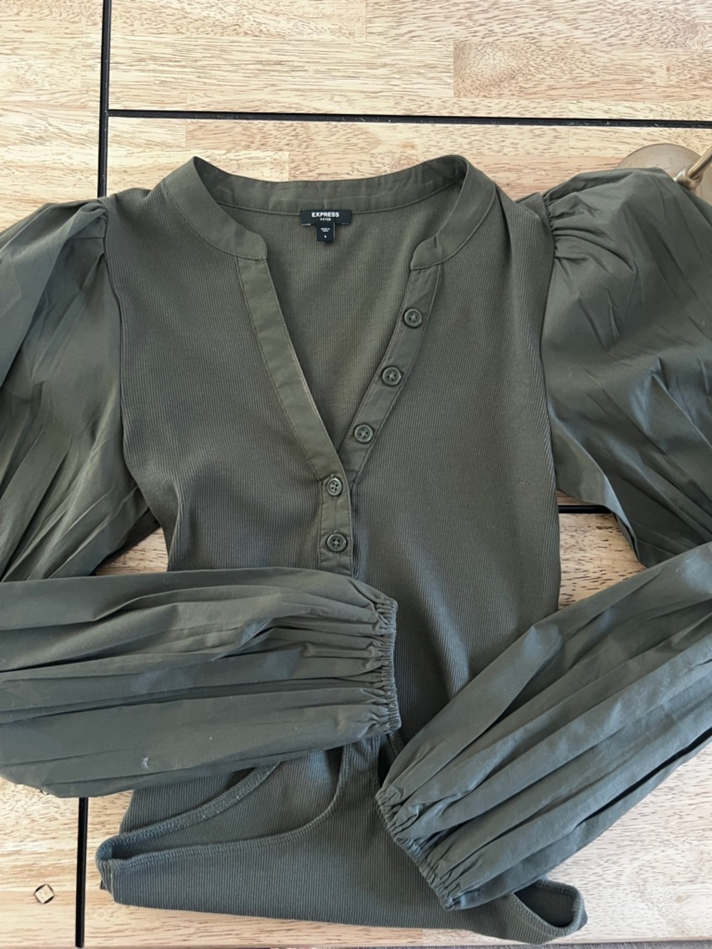 Express Olive Henley Top with Button Placket